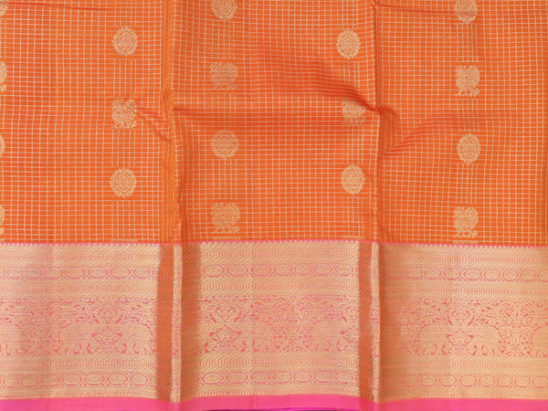 Checks Design Orange Kanchipuram Pavadai Sattai Material