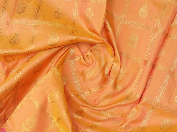 Checks Design Orange Kanchipuram Silk Pavadai Sattai Material