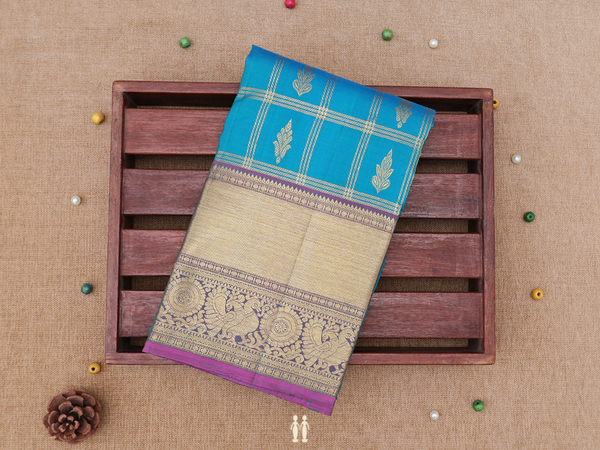 Checks Design Peacock Blue Kanchipuram Pavadai Sattai Material