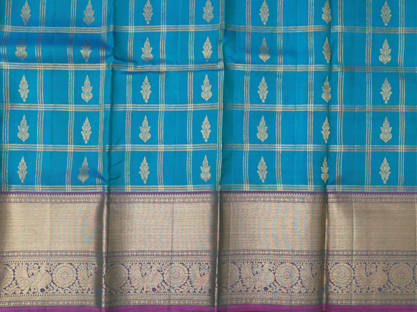 Checks Design Peacock Blue Kanchipuram Pavadai Sattai Material