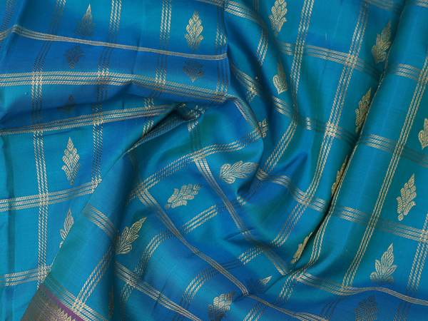 Checks Design Peacock Blue Kanchipuram Pavadai Sattai Material