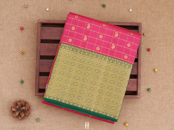 Checks Design Hibiscus Red Kanchipuram Pavadai Sattai Material