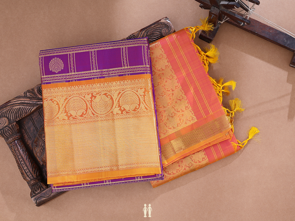 Checks Design Purple Kanchipuram Silk Half Saree Material