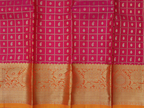 Checks Design Rani Pink Kanchipuram Pavadai Sattai Material
