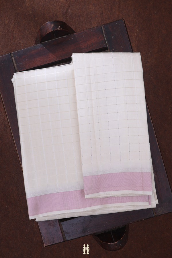 Checks Design White Silk Dhoti With Angavastram Set