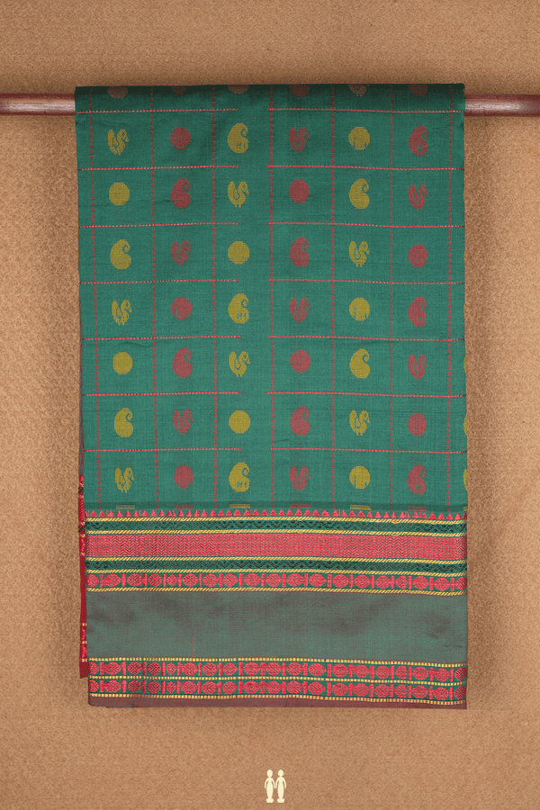 Checks With Buttas Emerald Green Poly Cotton Saree