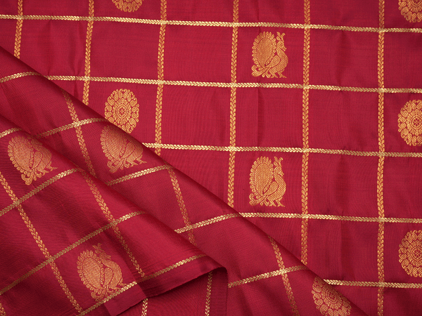 Checks With Buttas Ruby Red Kanchipuram Silk Blouse Material