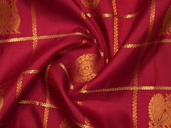 Checks With Buttas Ruby Red Kanchipuram Silk Blouse Material