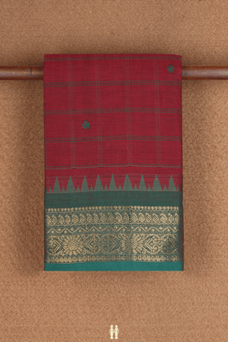 Checks With Buttas Rust Red Chettinadu Cotton Saree