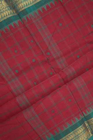 Checks With Buttas Rust Red Chettinadu Cotton Saree