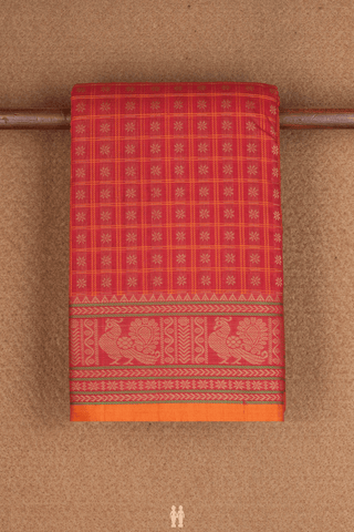 Checks With Buttis Crimson Red Chettinadu Cotton Saree
