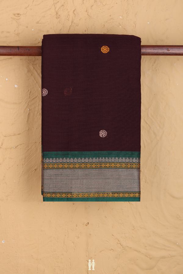 Chettinadu Cotton Saree Coffee Brown With Threadwork Buttas