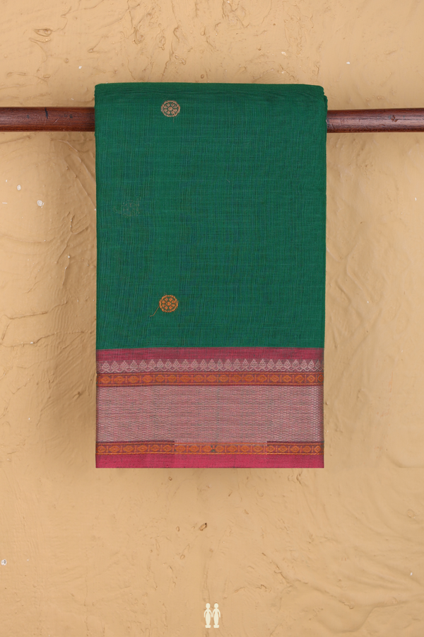 Chettinadu Cotton Saree Emerald Green With Threadwork Buttas