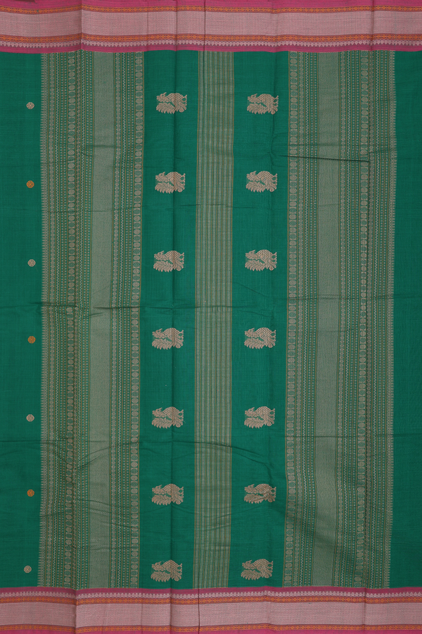 Chettinadu Cotton Saree Emerald Green With Threadwork Buttas