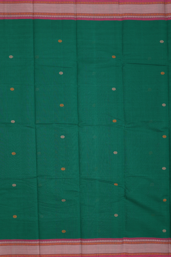 Chettinadu Cotton Saree Emerald Green With Threadwork Buttas