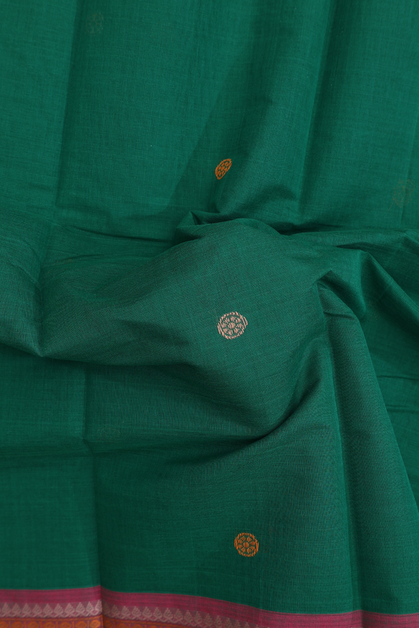 Chettinadu Cotton Saree Emerald Green With Threadwork Buttas