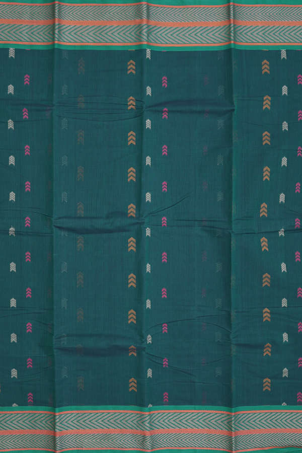 Chettinadu Cotton Saree Forest Green With Threadwork Buttas