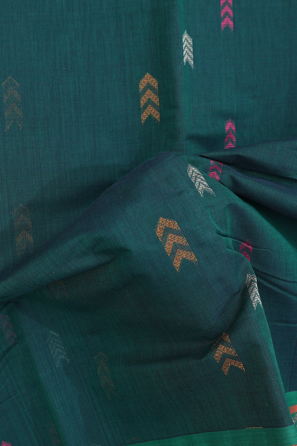 Chettinadu Cotton Saree Forest Green With Threadwork Buttas