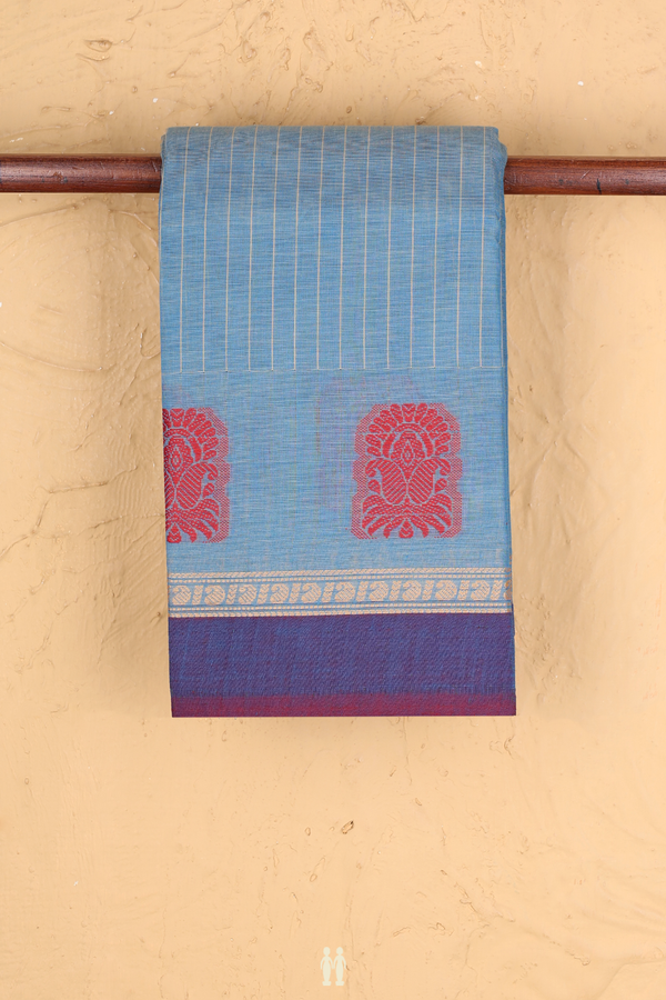 Chettinadu Cotton Saree In Aegean Blue With Stripes Design