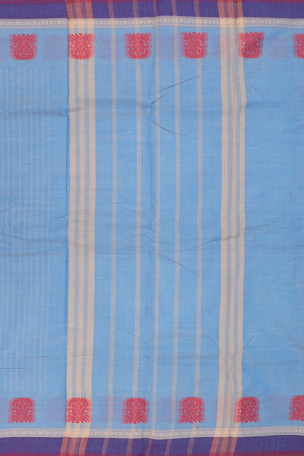 Chettinadu Cotton Saree In Aegean Blue With Stripes Design