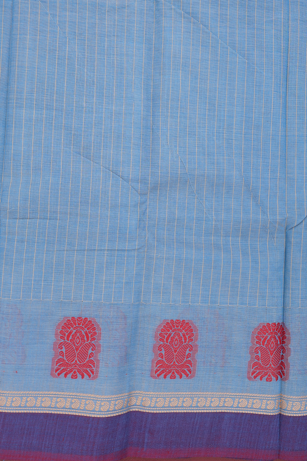 Chettinadu Cotton Saree In Aegean Blue With Stripes Design