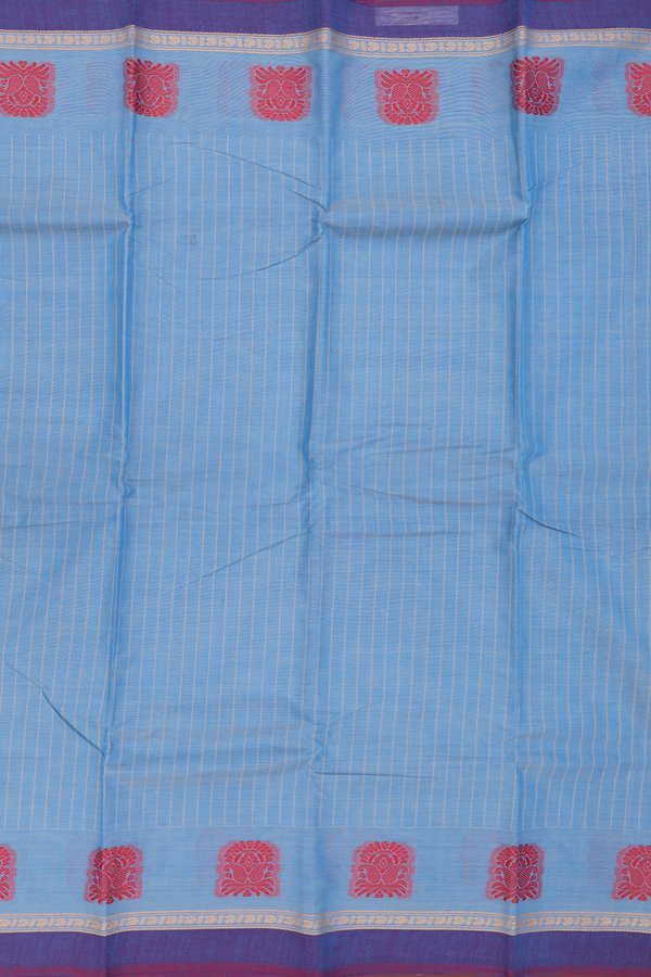 Chettinadu Cotton Saree In Aegean Blue With Stripes Design