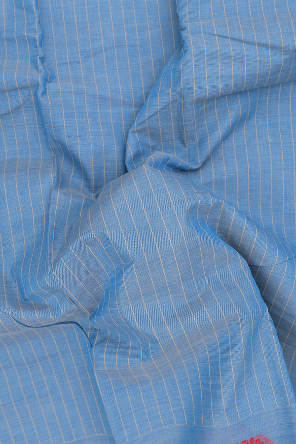 Chettinadu Cotton Saree In Aegean Blue With Stripes Design