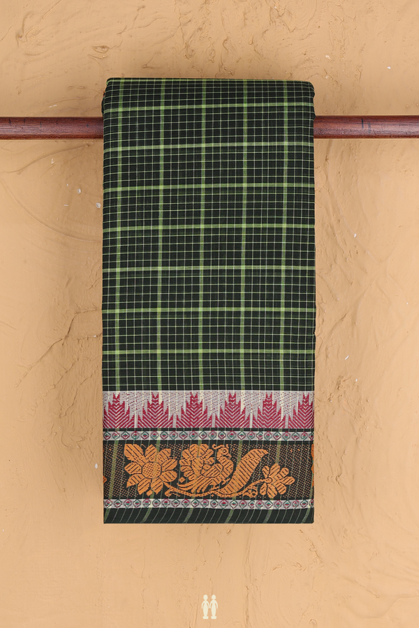 Chettinadu Cotton Saree Black And Green With Checks Design