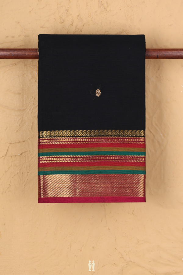 Chettinadu Cotton Saree In Black With Threadwork Buttas