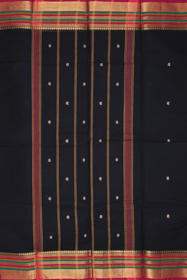 Chettinadu Cotton Saree In Black With Threadwork Buttas