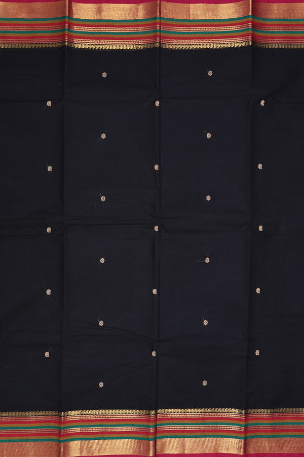 Chettinadu Cotton Saree In Black With Threadwork Buttas