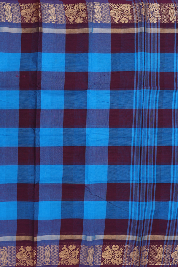Chettinadu Cotton Saree In Blue And Maroon With Checks Design
