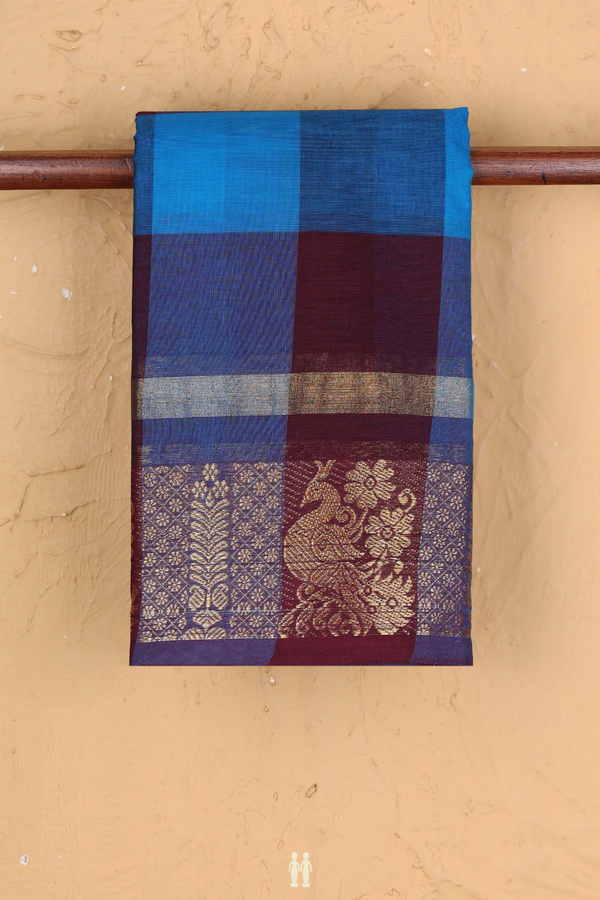 Chettinadu Cotton Saree In Blue And Maroon With Checks Design