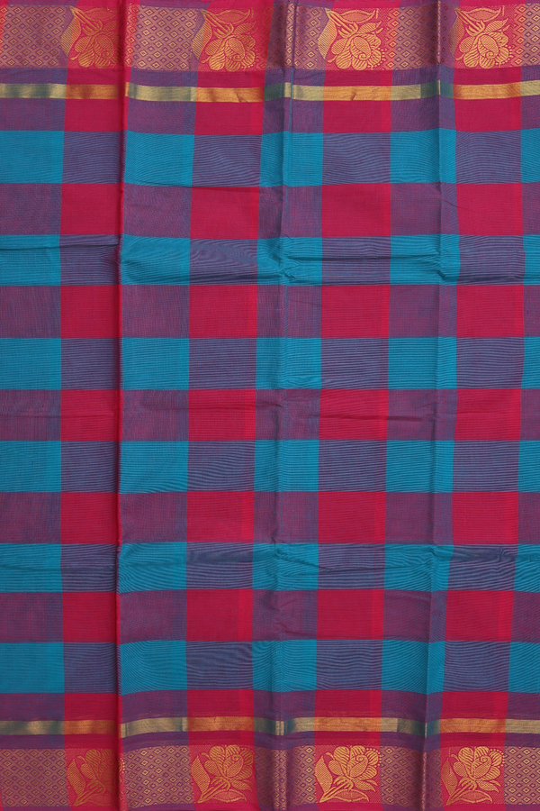 Chettinadu Cotton Saree In Blue And Pink With Checks Design