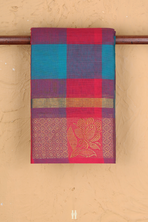 Chettinadu Cotton Saree In Blue And Pink With Checks Design