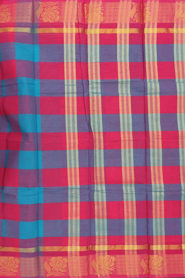 Chettinadu Cotton Saree In Blue And Pink With Checks Design