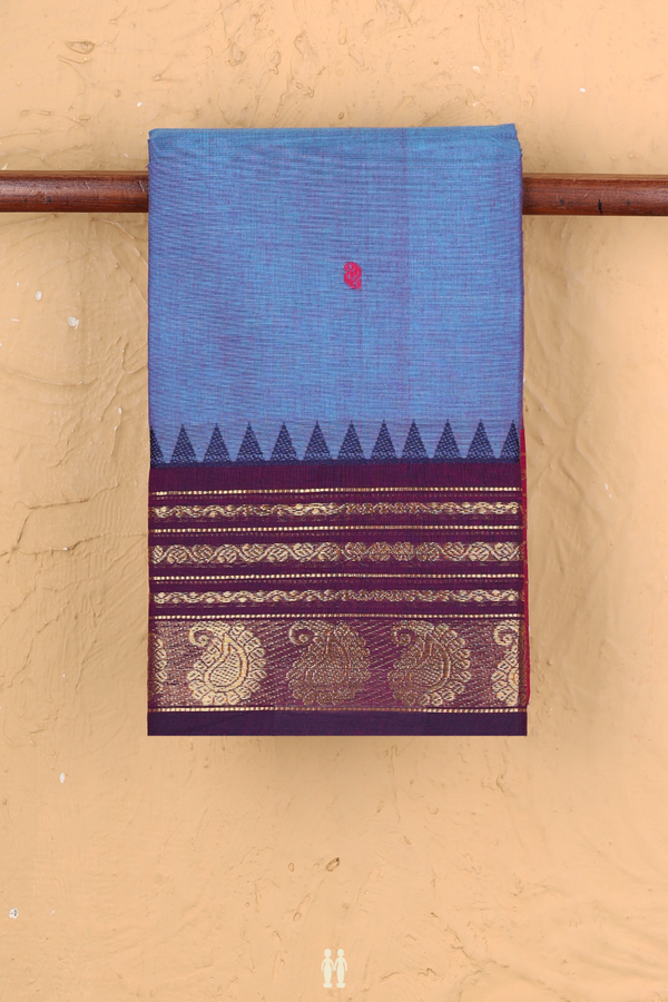 Chettinadu Cotton Saree In Blue With Threadwork Buttas