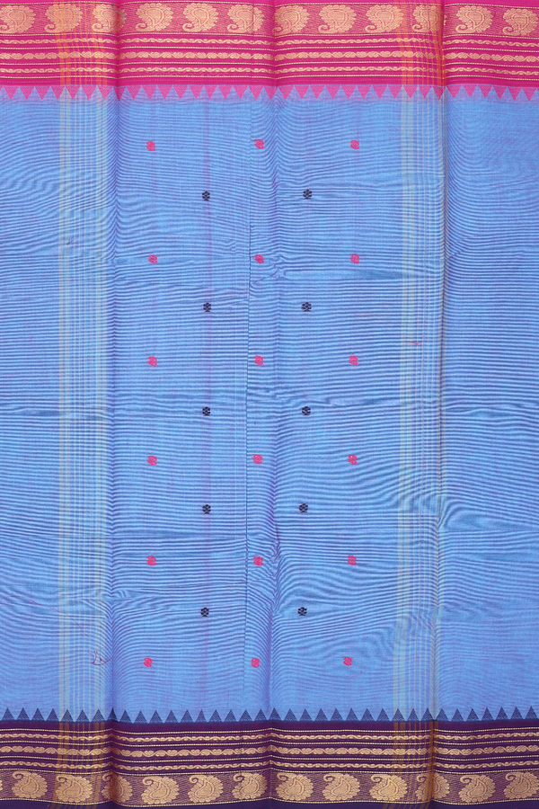 Chettinadu Cotton Saree In Blue With Threadwork Buttas