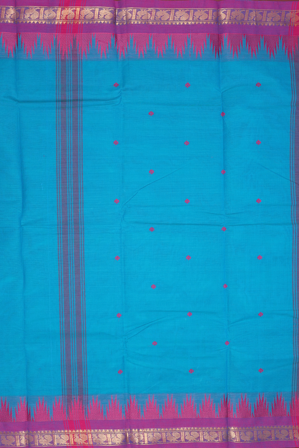 Chettinadu Cotton Saree In Blue With Threadwork Buttas