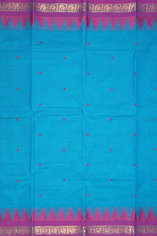 Chettinadu Cotton Saree In Blue With Threadwork Buttas