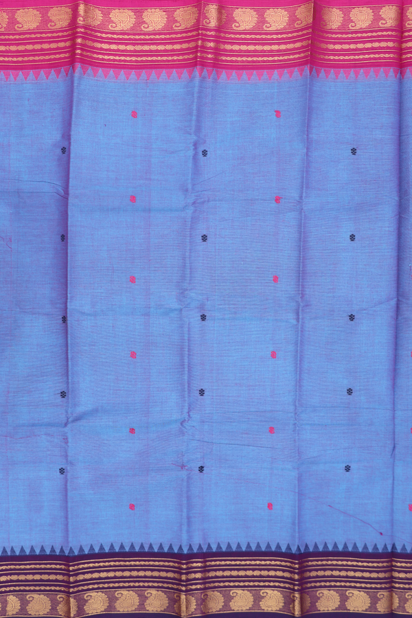 Chettinadu Cotton Saree In Blue With Threadwork Buttas