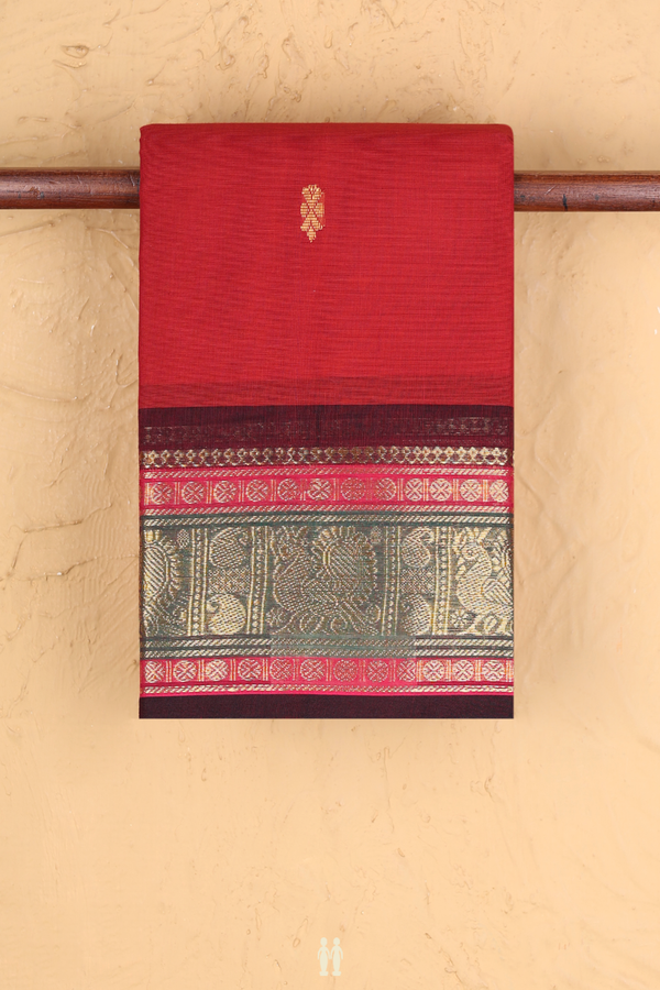 Chettinadu Cotton Saree In Brick Red With Threadwork Buttas