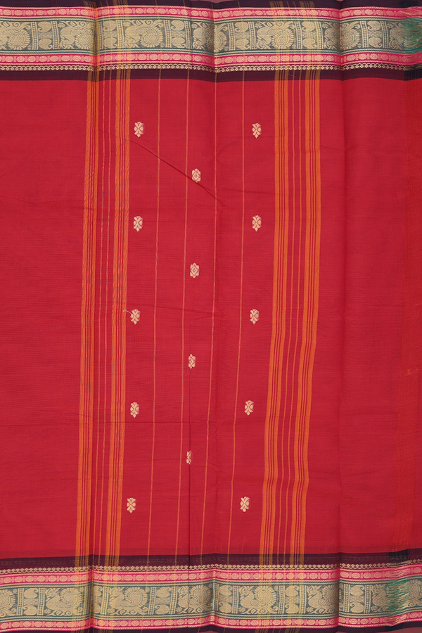 Chettinadu Cotton Saree In Brick Red With Threadwork Buttas