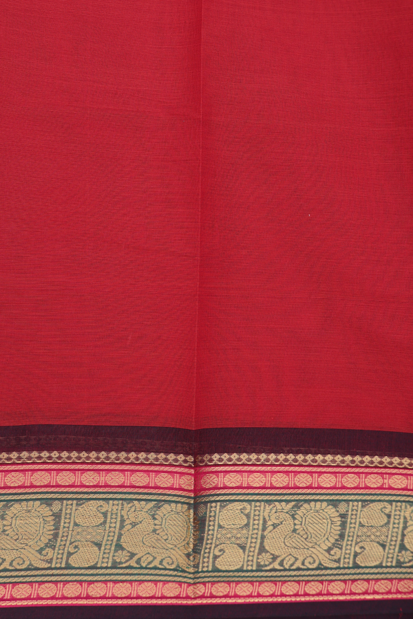 Chettinadu Cotton Saree In Brick Red With Threadwork Buttas