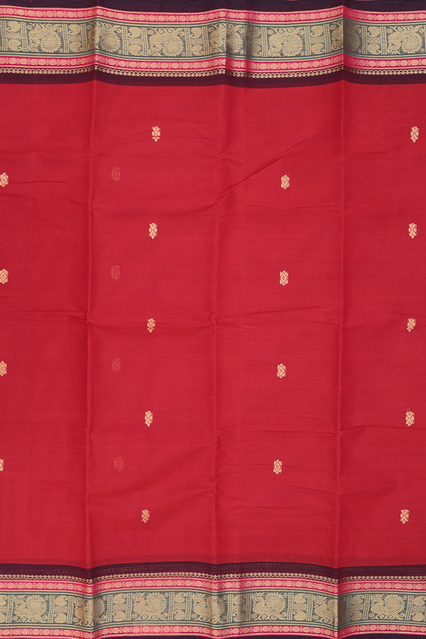 Chettinadu Cotton Saree In Brick Red With Threadwork Buttas