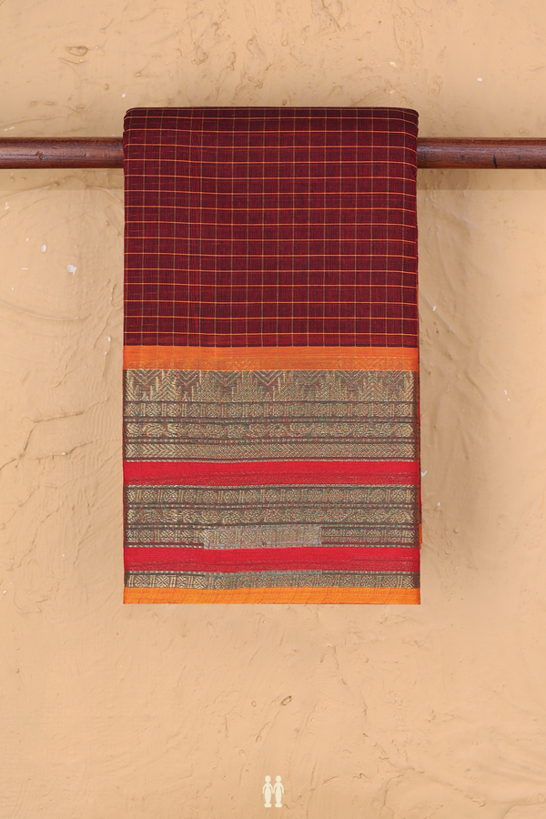Chettinadu Cotton Saree In Maroon With Checks Design