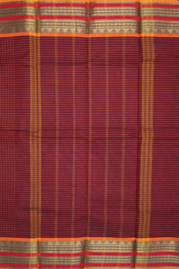 Chettinadu Cotton Saree In Maroon With Checks Design