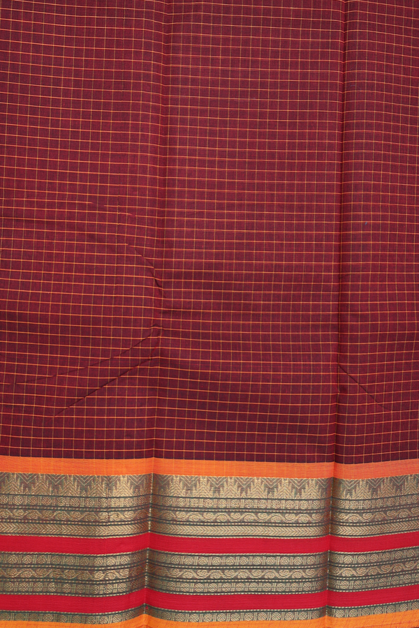 Chettinadu Cotton Saree In Maroon With Checks Design