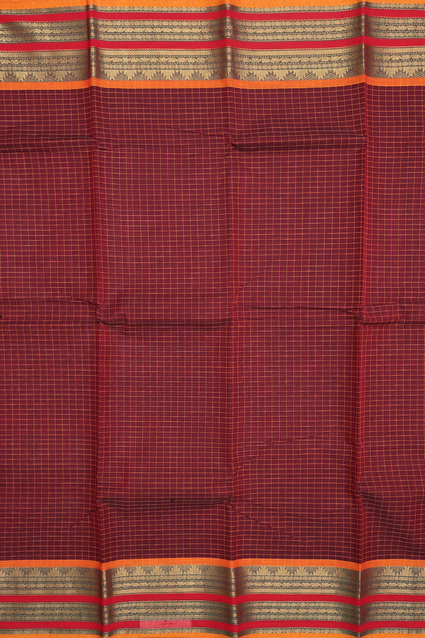 Chettinadu Cotton Saree In Maroon With Checks Design