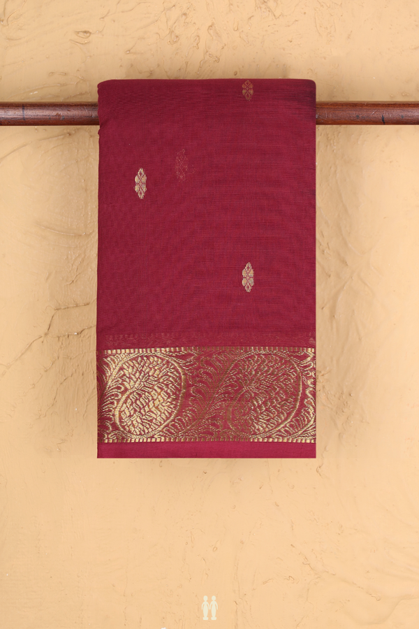 Chettinadu Cotton Saree In Burgundy Red With Floral Buttas